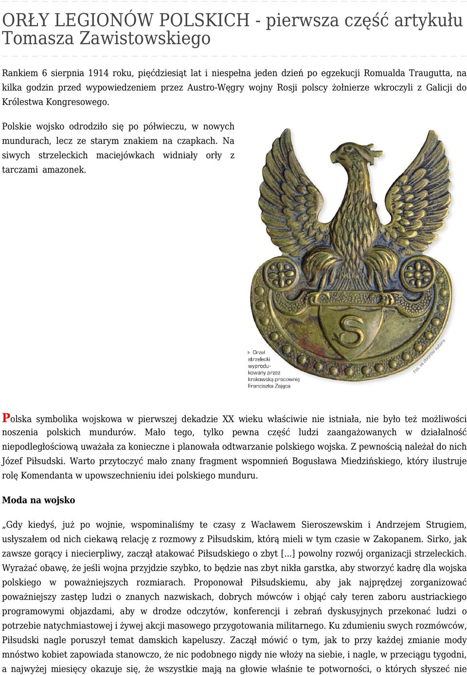 Polskie wojsko odrodziło się po półwieczu, w nowych mundurach, lecz ze starym znakiem na czapkach. Na siwych strzeleckich maciejówkach widniały orły z tarczami amazonek.