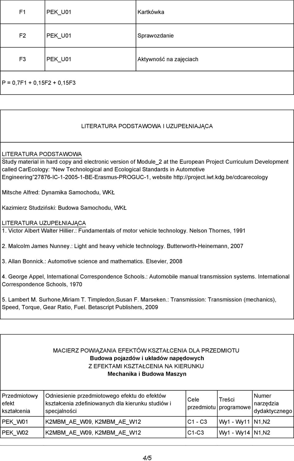 7876-IC-1-005-1-BE-Erasmus-PROGUC-1, website http://project.iwt.kdg.be/cdcarecology Mitsche Alfred: Dynamika Samochodu, WKŁ Kazimierz Studziński: Budowa Samochodu, WKŁ LITERATURA UZUPEŁNIAJĄCA 1.