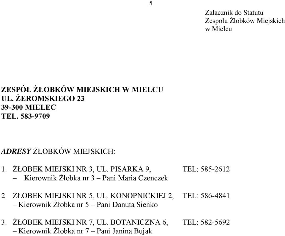 PISARKA 9, TEL: 585-2612 Kierownik Żłobka nr 3 Pani Maria Czenczek 2. ŻŁOBEK MIEJSKI NR 5, UL.