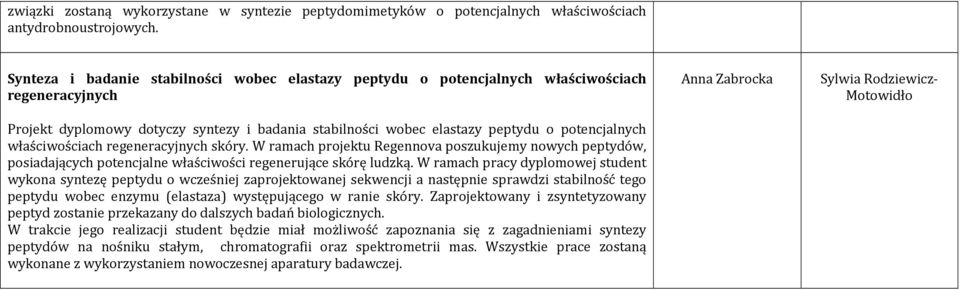 właściwościach regeneracyjnych skóry. W ramach projektu Regennova poszukujemy nowych peptydów, posiadających potencjalne właściwości regenerujące skórę ludzką.