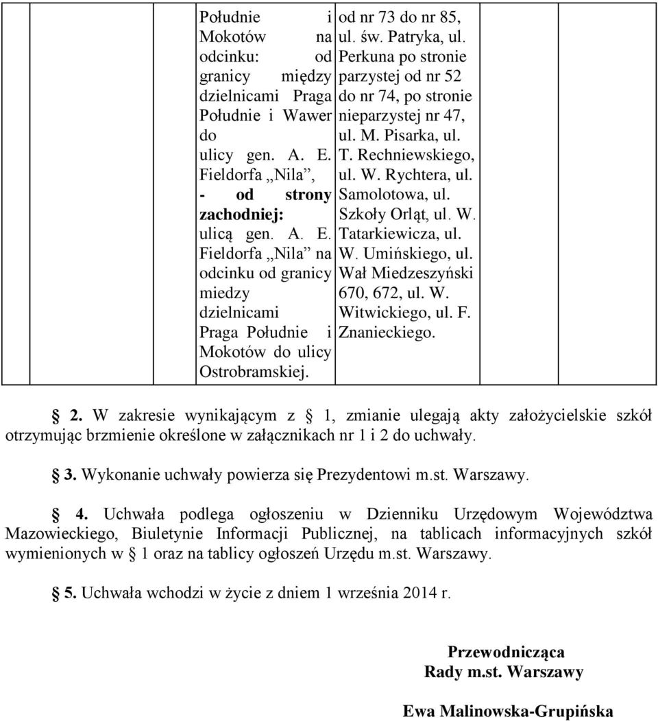Szkoły Orląt, ul. W. Tatarkiewicza, ul. W. Umińskiego, ul. Wał Miedzeszyński 670, 672, ul. W. Witwickiego, ul. F. Znanieckiego. 2.