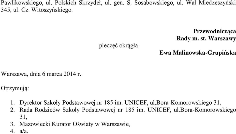 Warszawy Ewa Malinowska-Grupińska Warszawa, dnia 6 marca 2014 r. Otrzymują: 1.