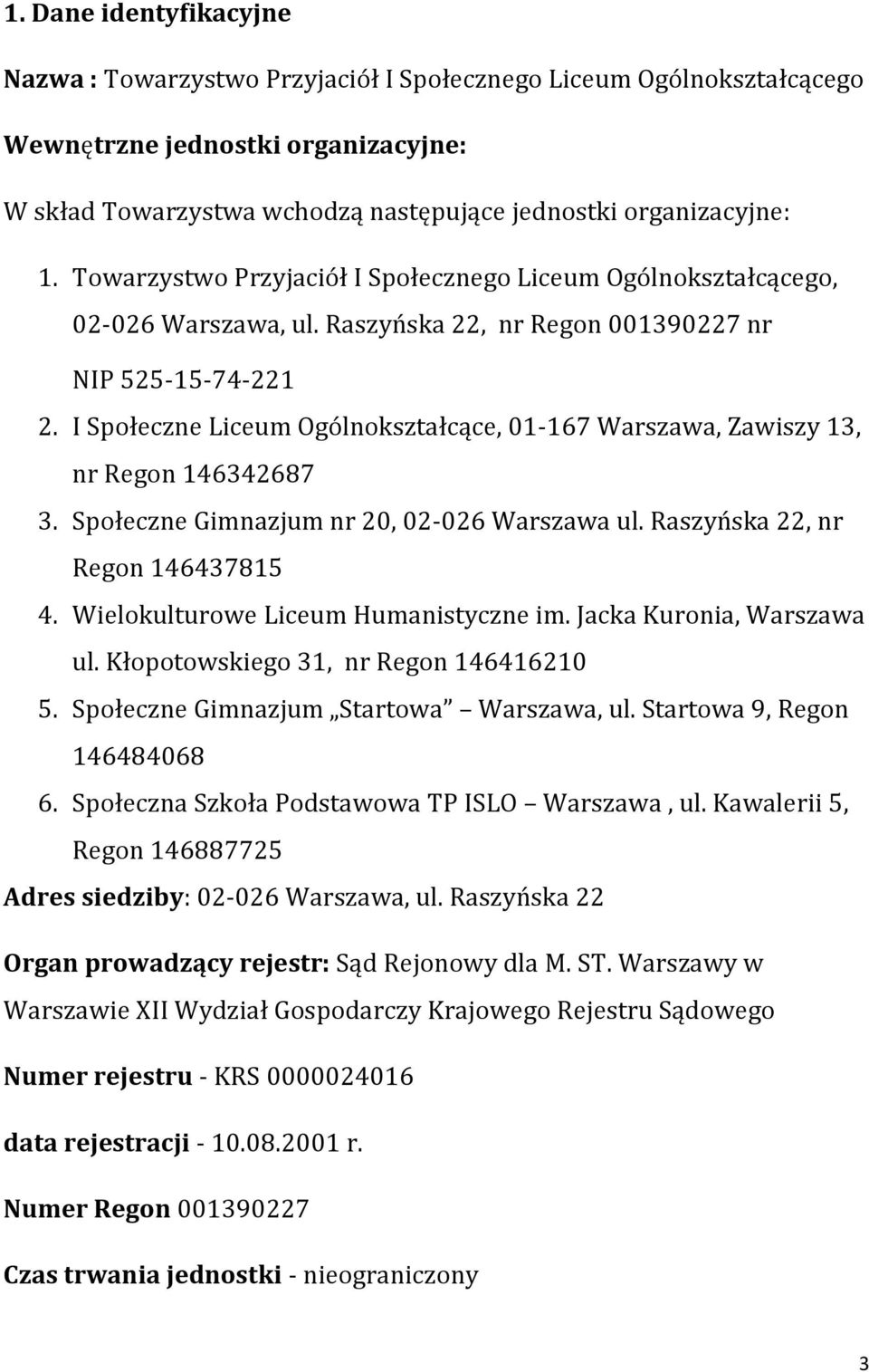 I Społeczne Liceum Ogólnokształcące, 01-167 Warszawa, Zawiszy 13, nr Regon 146342687 3. Społeczne Gimnazjum nr 20, 02-026 Warszawa ul. Raszyńska 22, nr Regon 146437815 4.