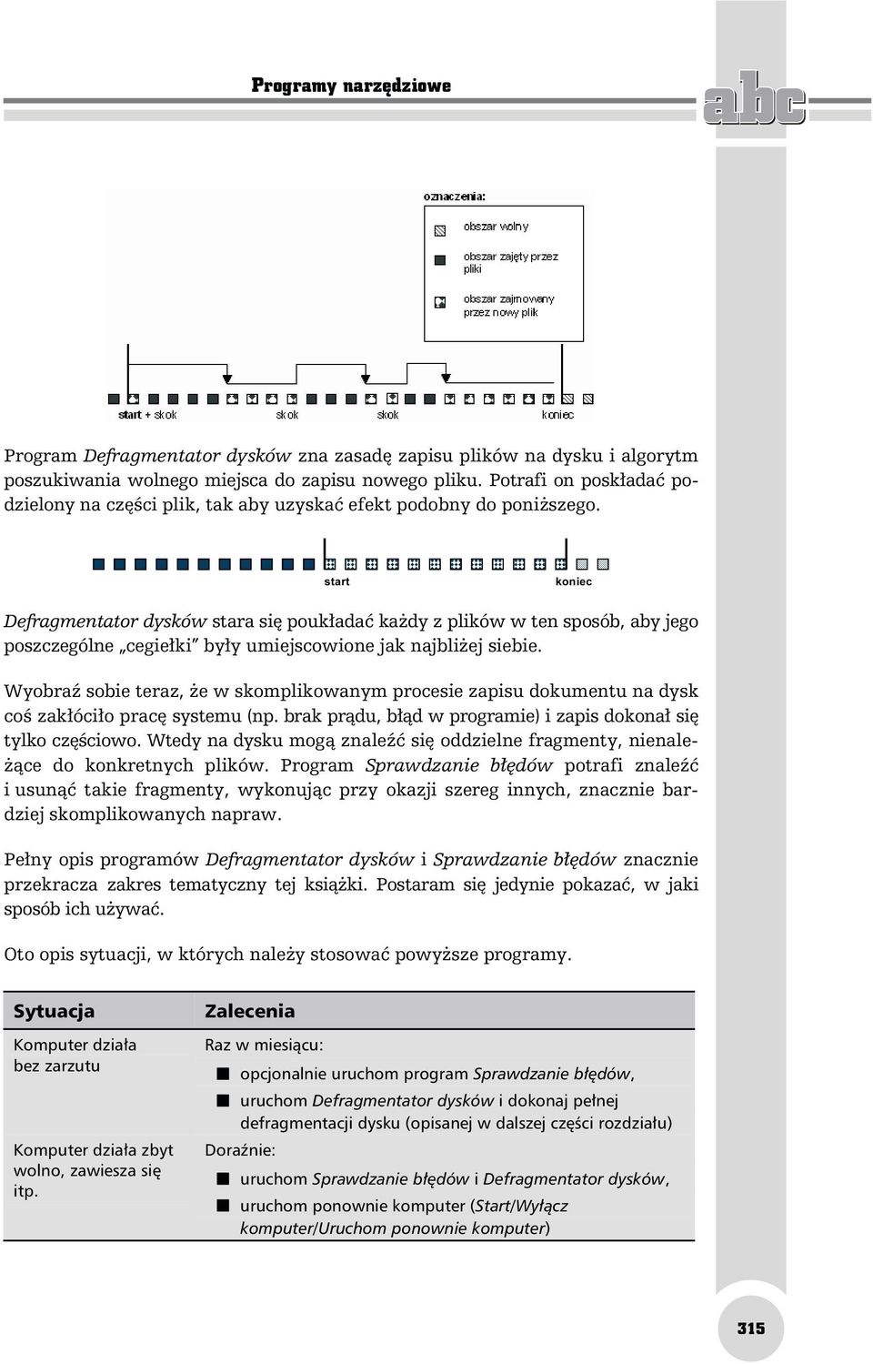 start koniec Defragmentator dysków stara się poukładać każdy z plików w ten sposób, aby jego poszczególne cegiełki były umiejscowione jak najbliżej siebie.