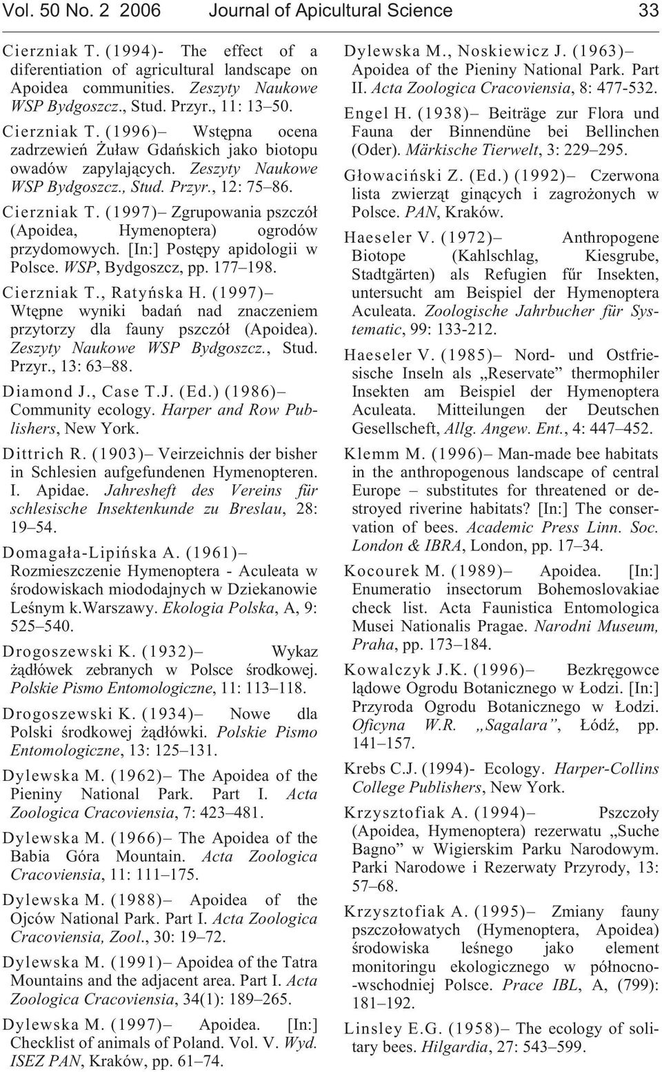 [In:] Postêpy apidologii w Polsce. WSP, Bydgoszcz, pp. 177 198. ierzniak T., Ratyñska H. (1997) Wtêpne wyniki badañ nad znaczeniem przytorzy dla fauny pszczó³ (Apoidea). Zeszyty aukowe WSP Bydgoszcz.