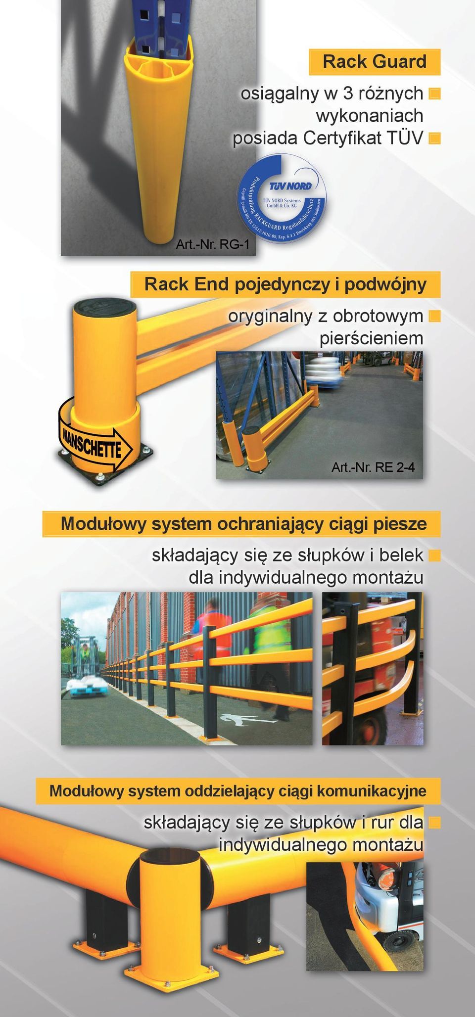 RE 2-4 Modułowy system ochraniający ciągi piesze składający się ze słupków i belek dla