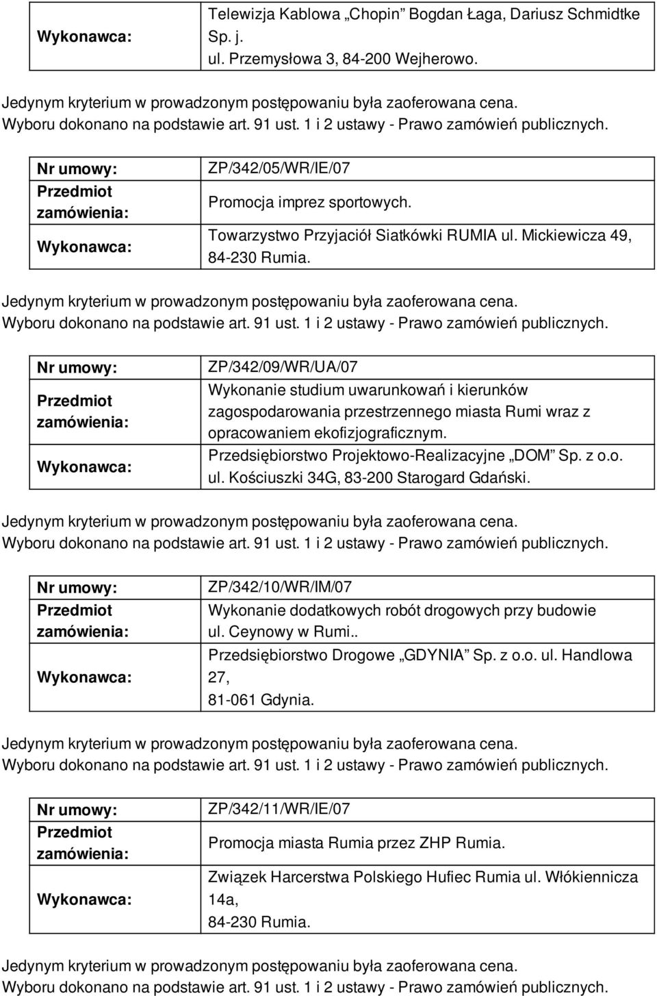 Przedsiębiorstwo Projektowo-Realizacyjne DOM Sp. z o.o. ul. Kościuszki 34G, 83-200 Starogard Gdański. ZP/342/10/WR/IM/07 Wykonanie dodatkowych robót drogowych przy budowie ul. Ceynowy w Rumi.