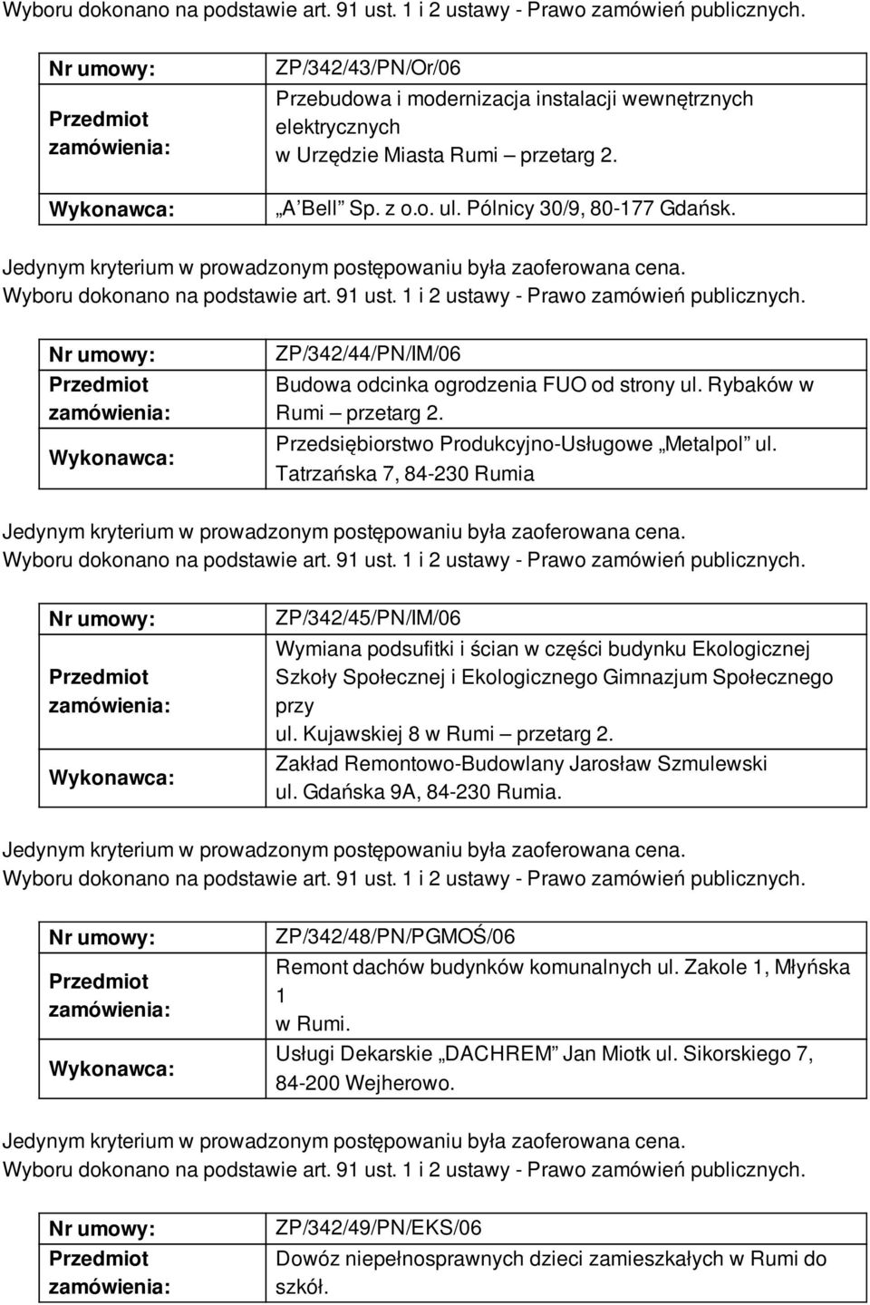 Tatrzańska 7, 84-230 Rumia ZP/342/45/PN/IM/06 Wymiana podsufitki i ścian w części budynku Ekologicznej Szkoły Społecznej i Ekologicznego Gimnazjum Społecznego przy ul. Kujawskiej 8 w Rumi przetarg 2.