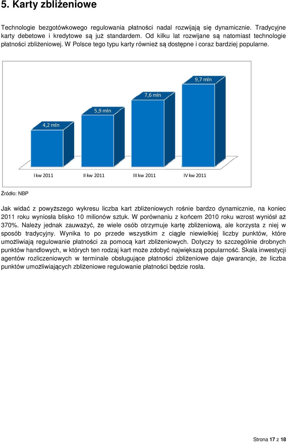 9,7 mln 7,6 mln 4,2 mln 5,9 mln I kw II kw III kw IV kw Źródło: NBP Jak widać z powyższego wykresu liczba kart zbliżeniowych rośnie bardzo dynamicznie, na koniec roku wyniosła blisko 10 milionów