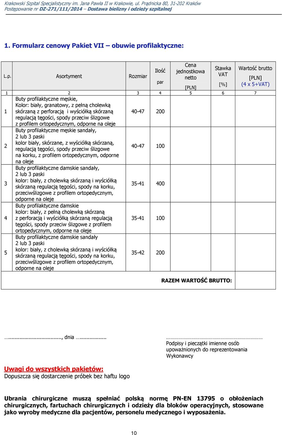 Asortyment Rozmiar Stawka Wartość brutto netto par [%] (4 x 5+) 3 4 5 6 7 Buty profilaktyczne męskie, Kolor: biały, granatowy, z pełną cholewką skórzaną z perforacją i wyściółką skórzaną 40-47 00