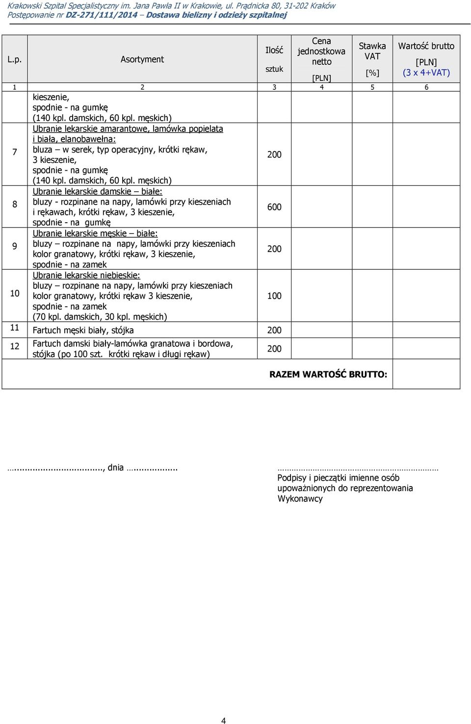 męskich) Ubranie lekarskie damskie białe: 8 bluzy - rozpinane na napy, lamówki przy kieszeniach i rękawach, krótki rękaw, 3 kieszenie, 600 spodnie - na gumkę Ubranie lekarskie męskie białe: 9 bluzy