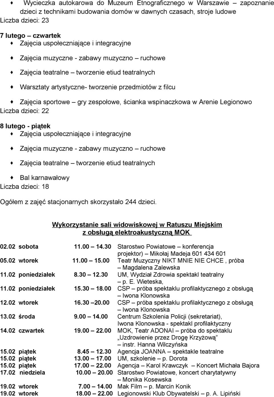 wspinaczkowa w Arenie Legionowo Liczba dzieci: 22 8 lutego - piątek Zajęcia uspołeczniające i integracyjne Zajęcia muzyczne - zabawy muzyczno ruchowe Zajęcia teatralne tworzenie etiud teatralnych Bal