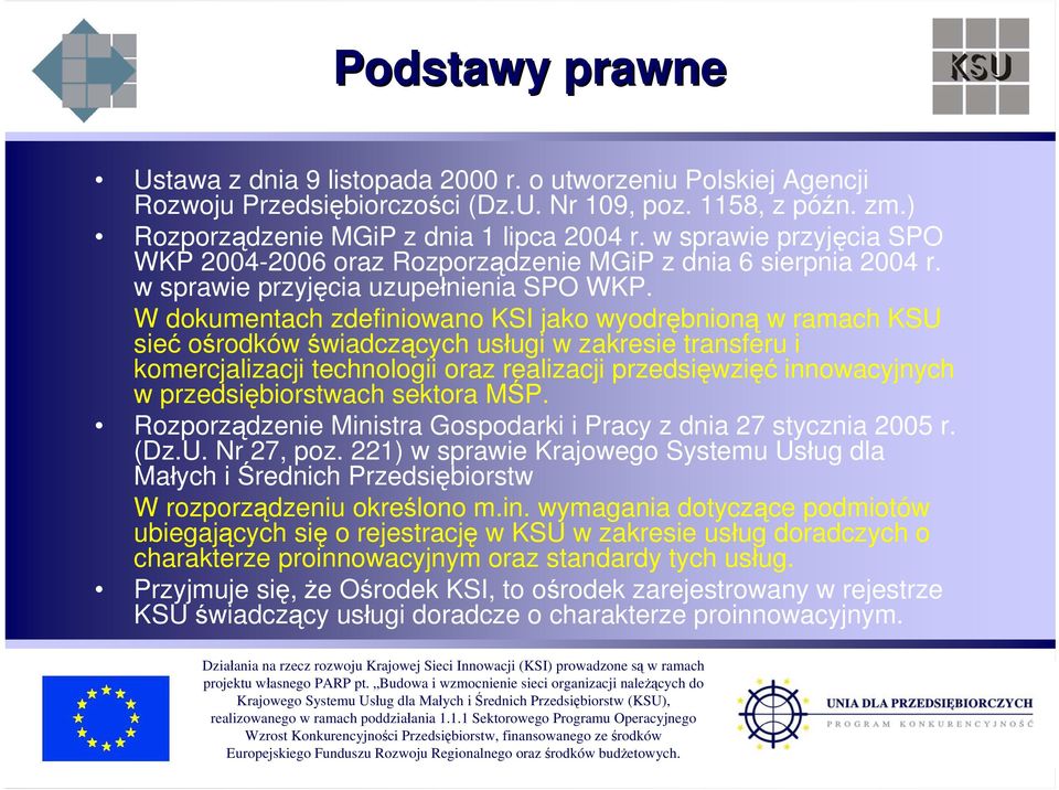 W dokumentach zdefiniowano KSI jako wyodrębnioną w ramach KSU sieć ośrodków świadczących usługi w zakresie transferu i komercjalizacji technologii oraz realizacji przedsięwzięć innowacyjnych w