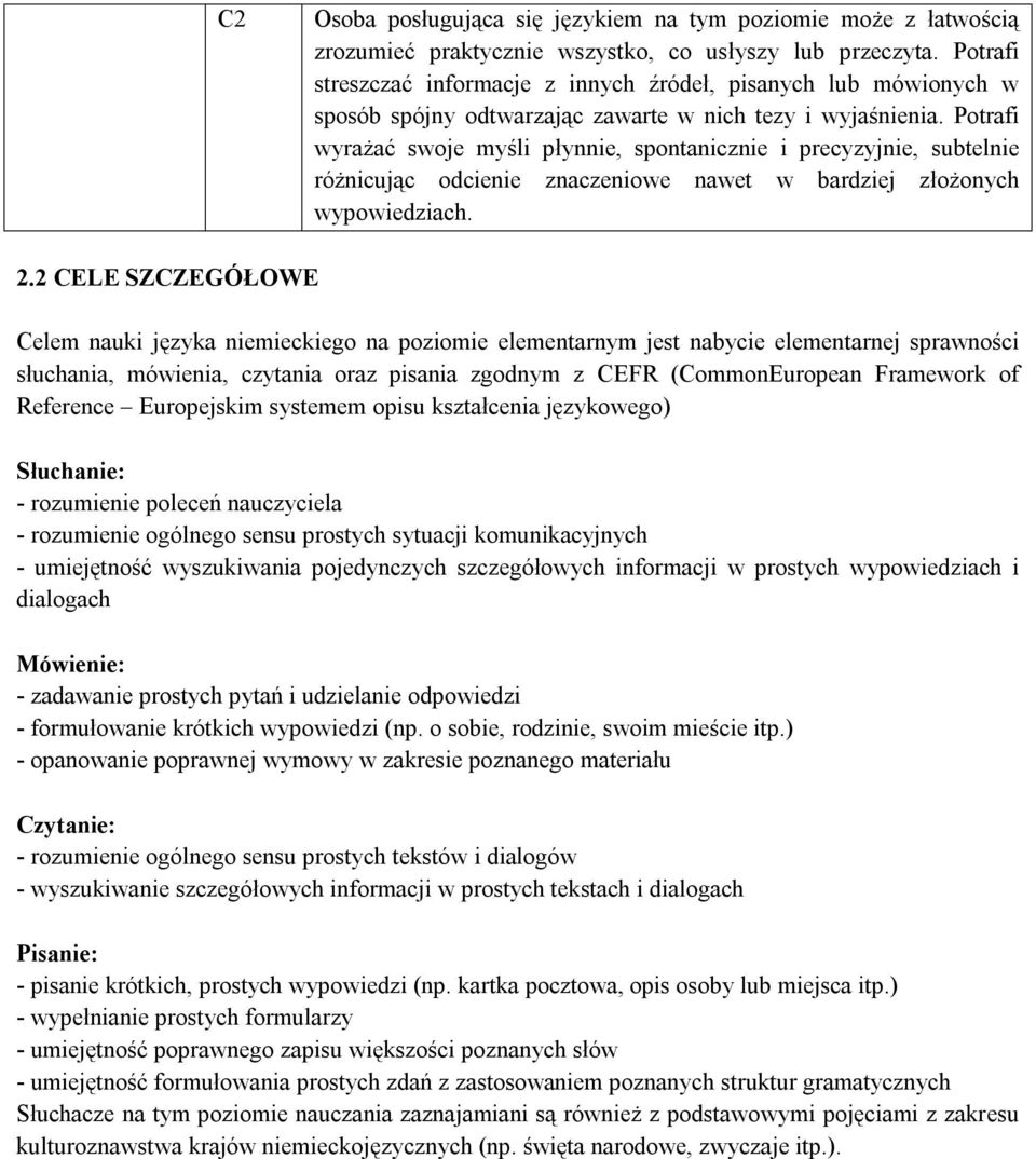 Potrafi wyrażać swoje myśli płynnie, spontanicznie i precyzyjnie, subtelnie różnicując odcienie znaczeniowe nawet w bardziej złożonych wypowiedziach. 2.