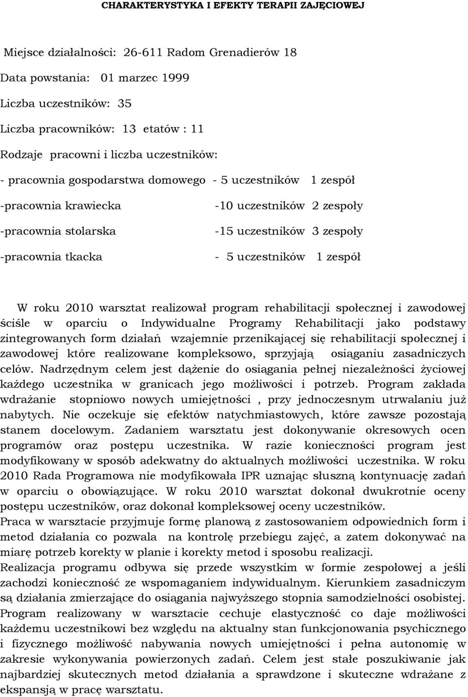uczestników 1 zespół W roku 2010 warsztat realizował program rehabilitacji społecznej i zawodowej ściśle w oparciu o Indywidualne Programy Rehabilitacji jako podstawy zintegrowanych form działań