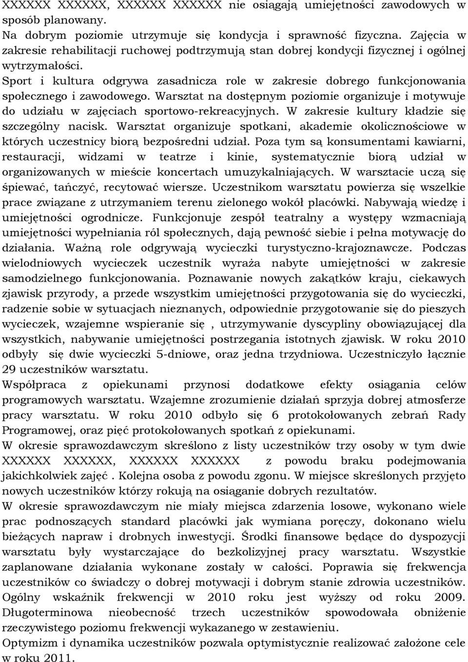 Sport i kultura odgrywa zasadnicza role w zakresie dobrego funkcjonowania społecznego i zawodowego. Warsztat na dostępnym poziomie organizuje i motywuje do udziału w zajęciach sportowo-rekreacyjnych.