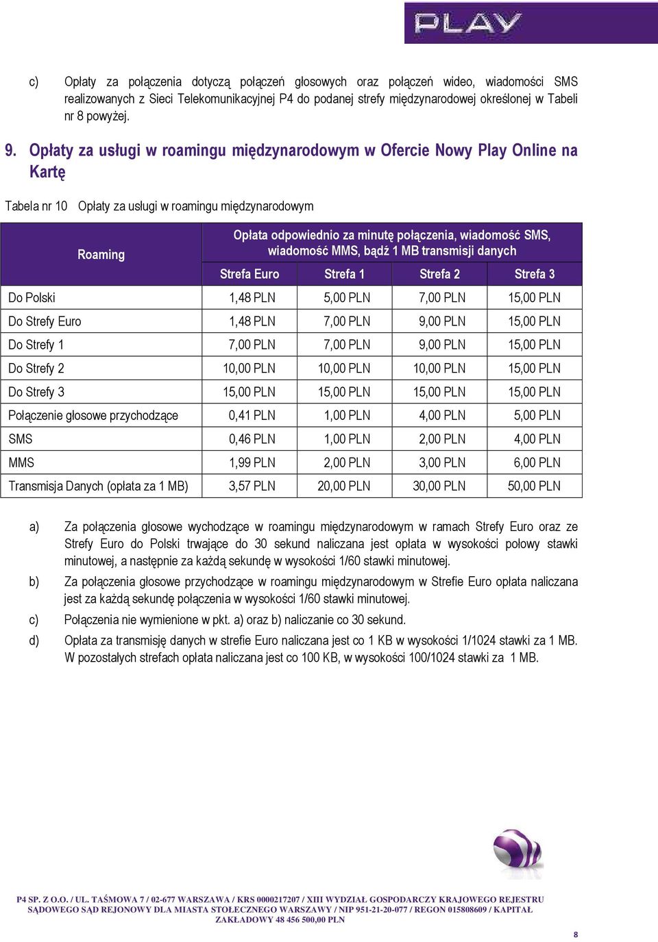 SMS, wiadomość MMS, bądź 1 MB transmisji danych Strefa Euro Strefa 1 Strefa 2 Strefa 3 Do Polski 1,48 PLN 5,00 PLN 7,00 PLN 15,00 PLN Do Strefy Euro 1,48 PLN 7,00 PLN 9,00 PLN 15,00 PLN Do Strefy 1