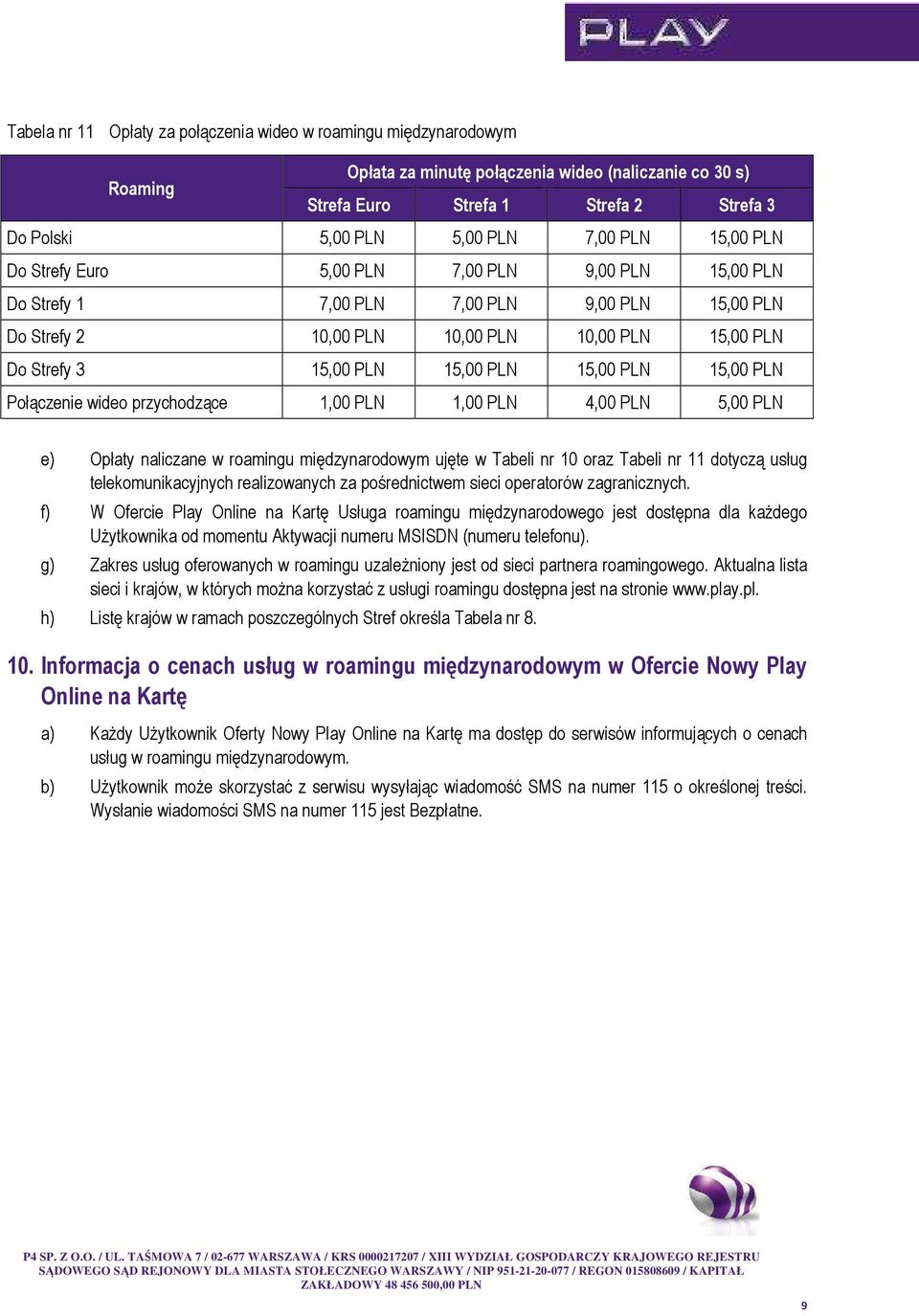 PLN 15,00 PLN 15,00 PLN Połączenie wideo przychodzące 1,00 PLN 1,00 PLN 4,00 PLN 5,00 PLN e) Opłaty naliczane w roamingu międzynarodowym ujęte w Tabeli nr 10 oraz Tabeli nr 11 dotyczą usług