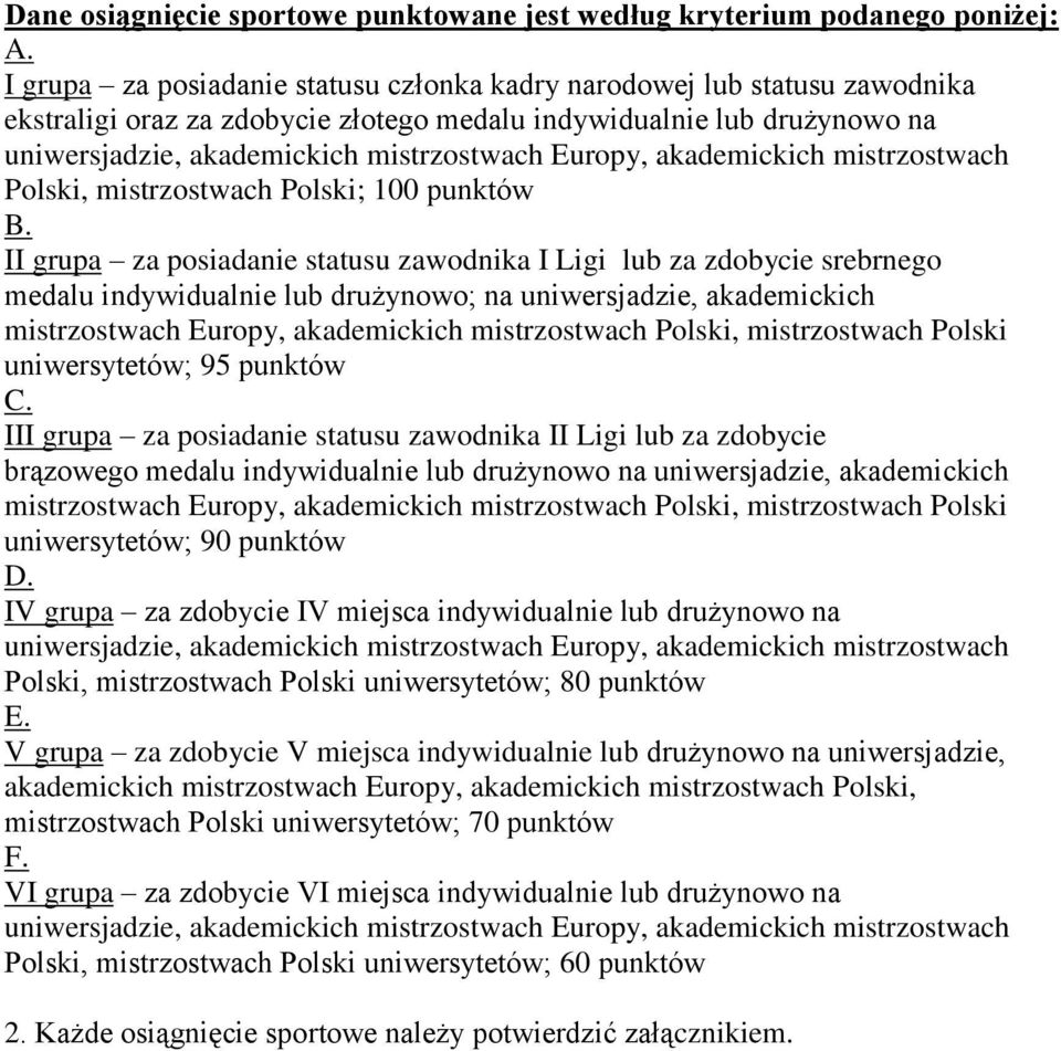 II grupa za posiadanie statusu zawodnika I Ligi lub za zdobycie srebrnego medalu indywidualnie lub drużynowo; na uniwersjadzie, akademickich mistrzostwach Europy, akademickich mistrzostwach Polski,