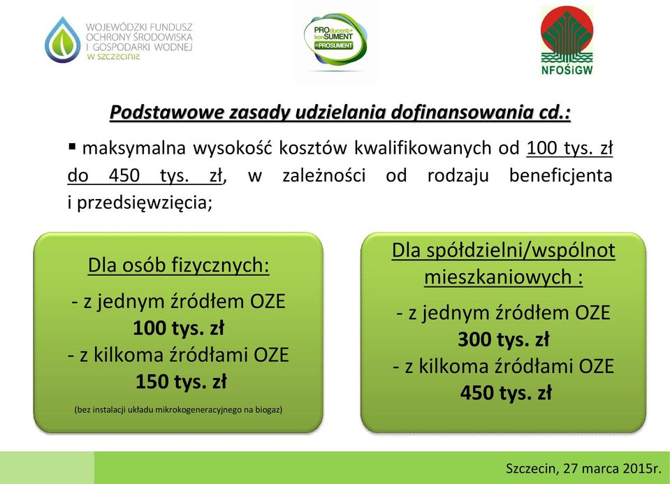 zł, w zależności od rodzaju beneficjenta i przedsięwzięcia; Dla osób fizycznych: - z jednym źródłem OZE 100