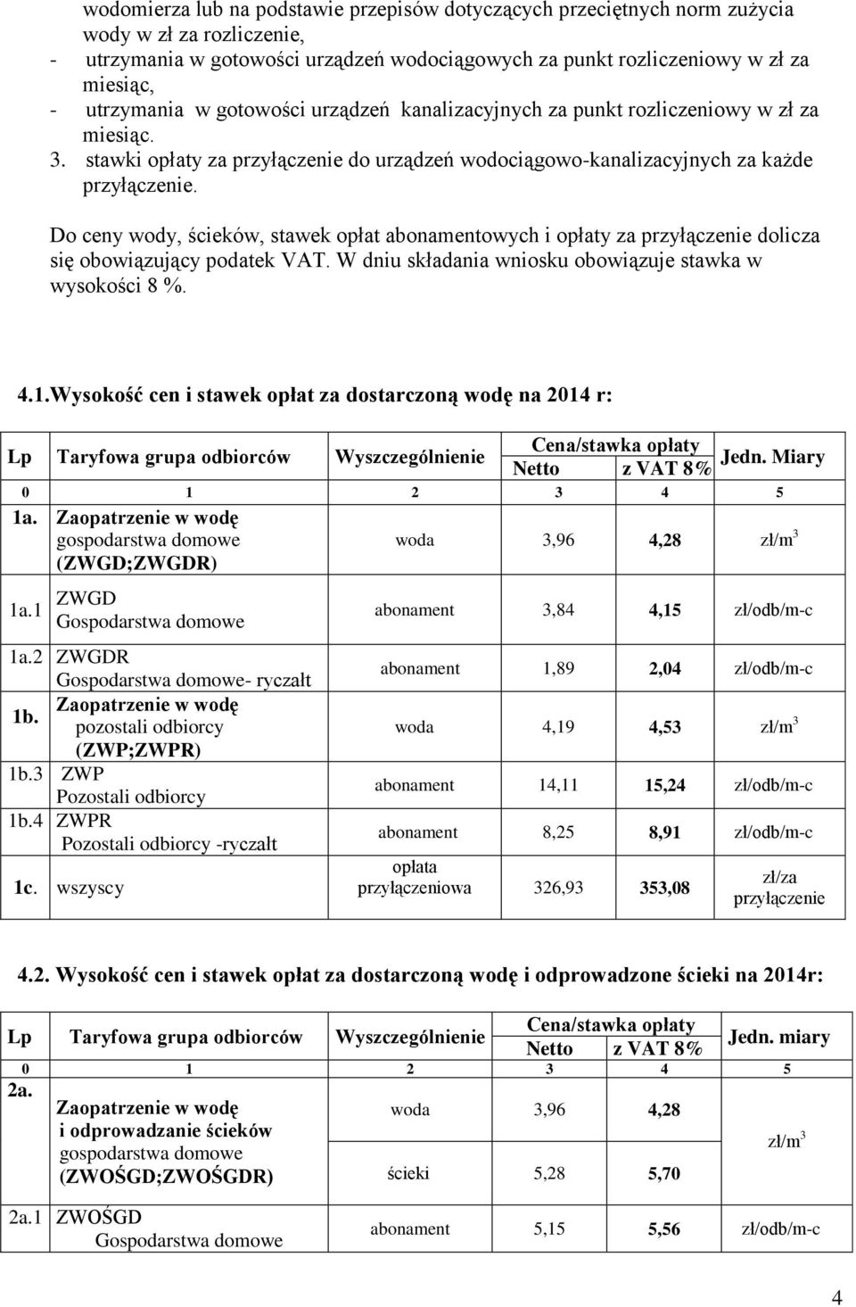 Do ceny wody, śceków, stawek opłat abonamentowych opłaty za przyłączene dolcza sę obowązujący podatek VAT. W dnu składana wnosku obowązuje stawka w wysokośc 8 %. 4.1.