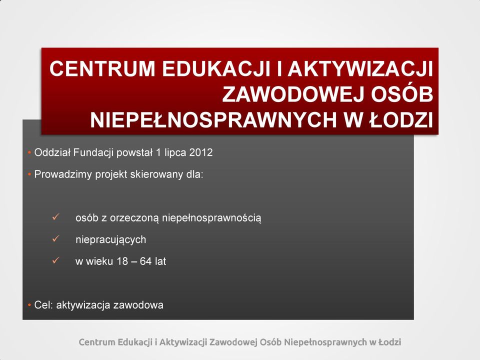 2012 Prowadzimy projekt skierowany dla: osób z orzeczoną