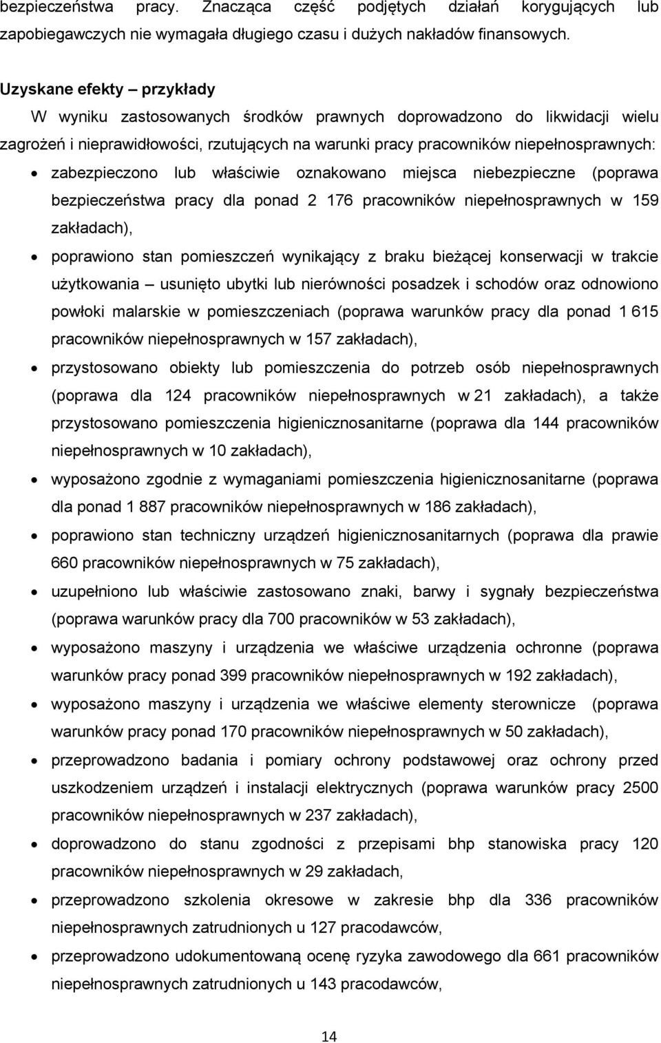 zabezpieczono lub właściwie oznakowano miejsca niebezpieczne (poprawa bezpieczeństwa pracy dla ponad 2 176 pracowników niepełnosprawnych w 159 zakładach), poprawiono stan pomieszczeń wynikający z