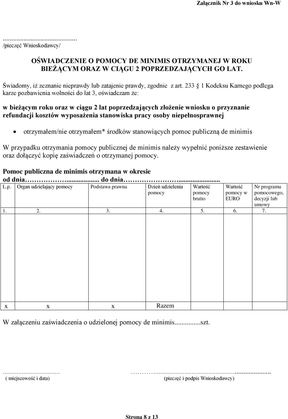 233 1 Kodeksu Karnego podlega karze pozbawienia wolności do lat 3, oświadczam że: w bieżącym roku oraz w ciągu 2 lat poprzedzających złożenie wniosku o przyznanie refundacji kosztów wyposażenia