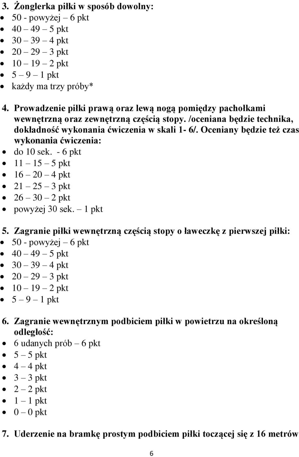 Oceniany będzie też czas wykonania ćwiczenia: do 10 sek. - 6 pkt 11 15 5 pkt 16 20 4 pkt 21 25 3 pkt 26 30 2 pkt powyżej 30 sek. 1 pkt 5.