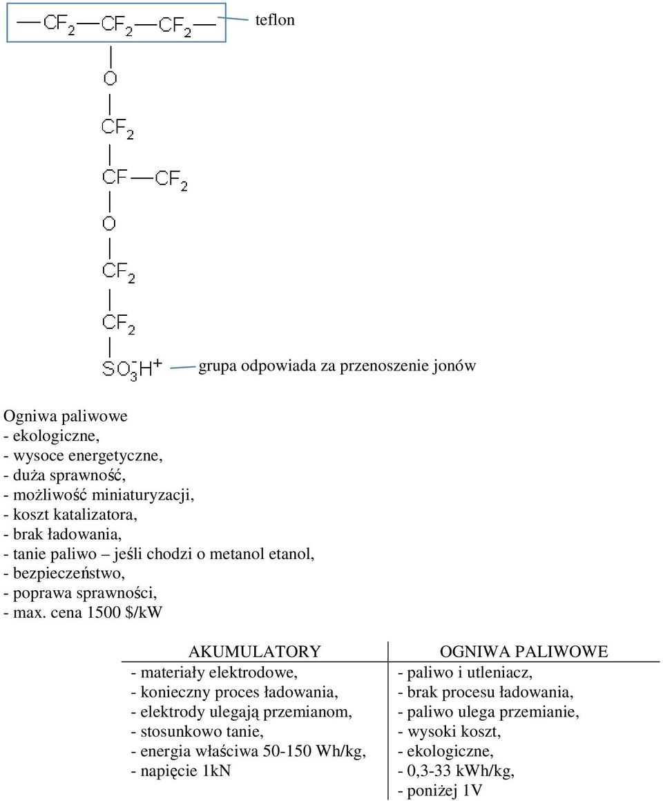 cena 1500 $/kw AKUMULATORY - materiały elektrodowe, - konieczny proces ładowania, - elektrody ulegają przemianom, - stosunkowo tanie, - energia właściwa