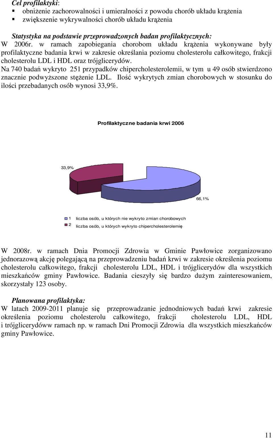 w ramach zapobiegania chorobom układu krąŝenia wykonywane były profilaktyczne badania krwi w zakresie określania poziomu cholesterolu całkowitego, frakcji cholesterolu LDL i HDL oraz trójglicerydów.