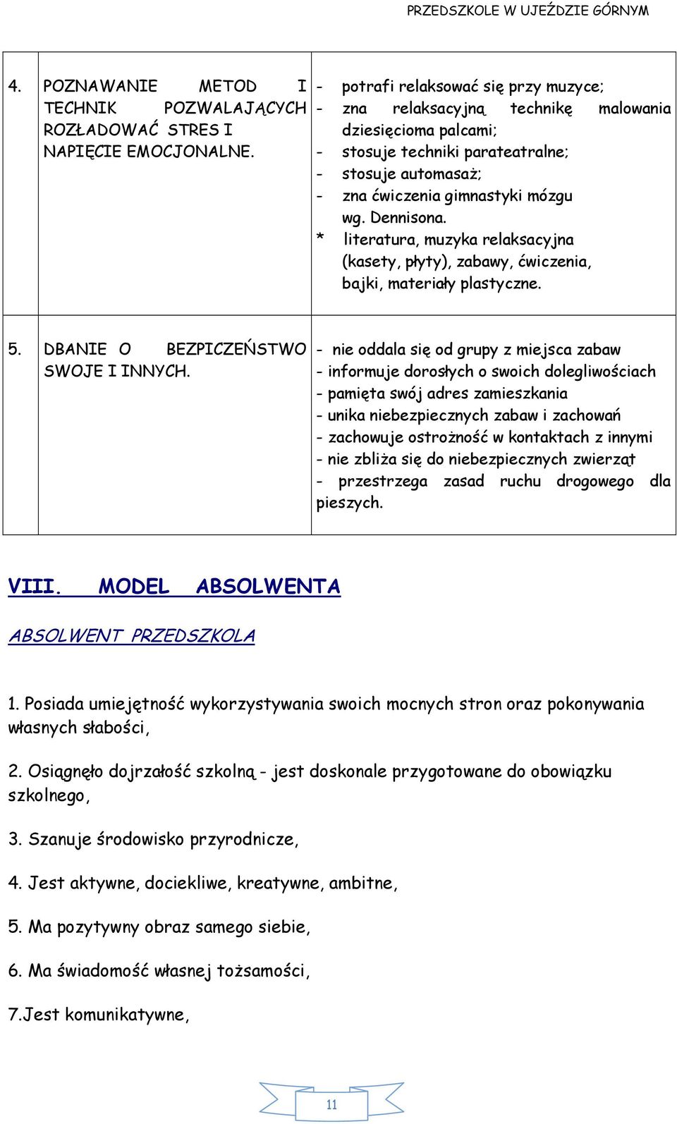 * literatura, muzyka relaksacyjna (kasety, płyty), zabawy, ćwiczenia, bajki, materiały plastyczne. 5. DBANIE O BEZPICZEŃSTWO SWOJE I INNYCH.