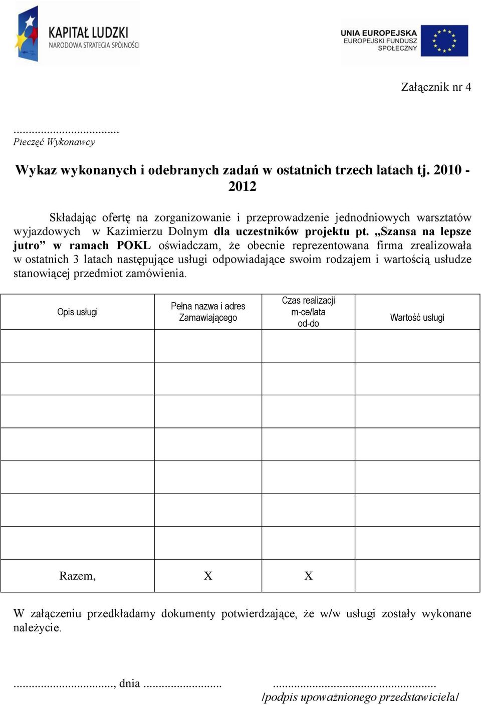 Szansa na lepsze jutro w ramach POKL oświadczam, że obecnie reprezentowana firma zrealizowała w ostatnich 3 latach następujące usługi odpowiadające swoim rodzajem i wartością