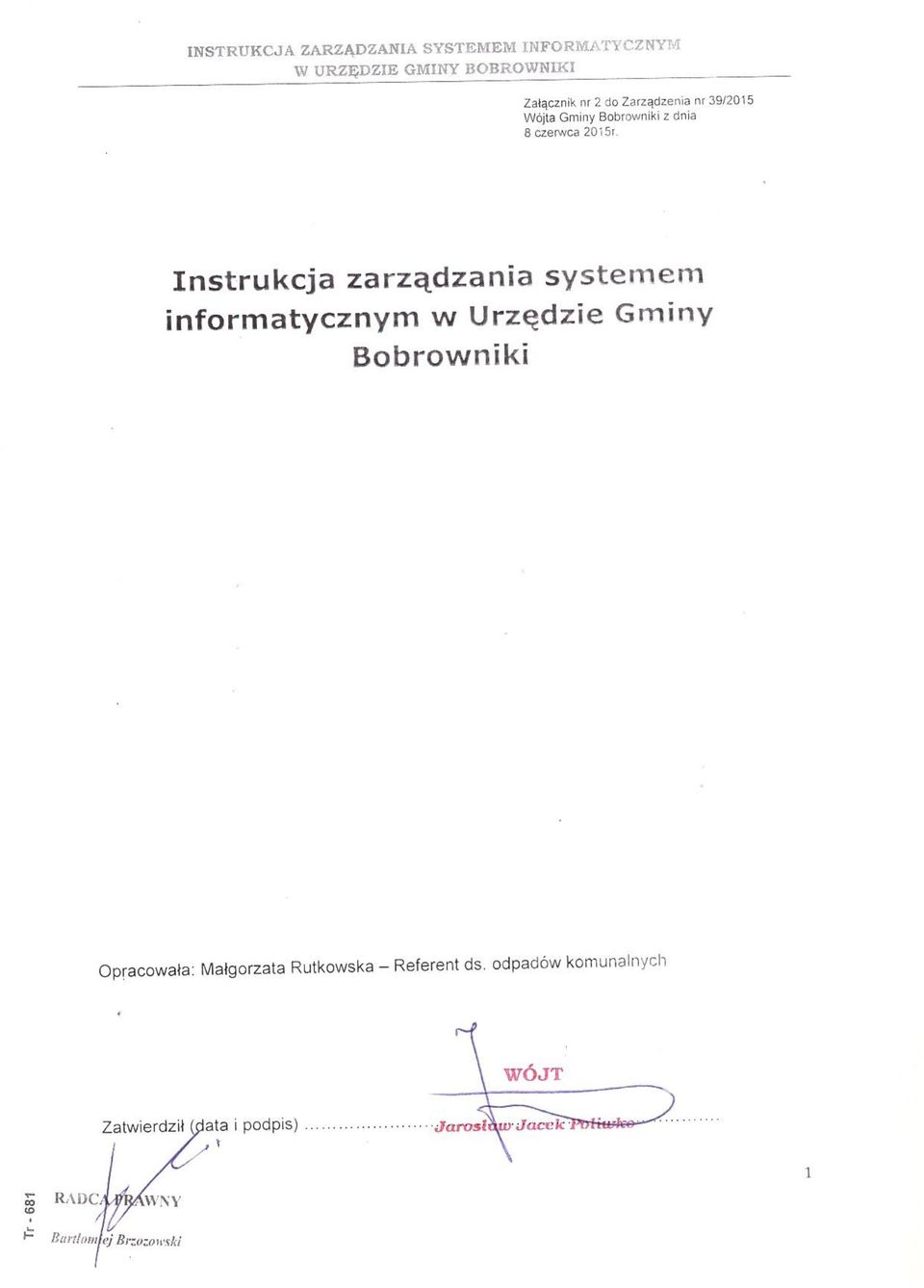 Instrukcja zarządzania systemem informatycznym w Urzędzie Gminy