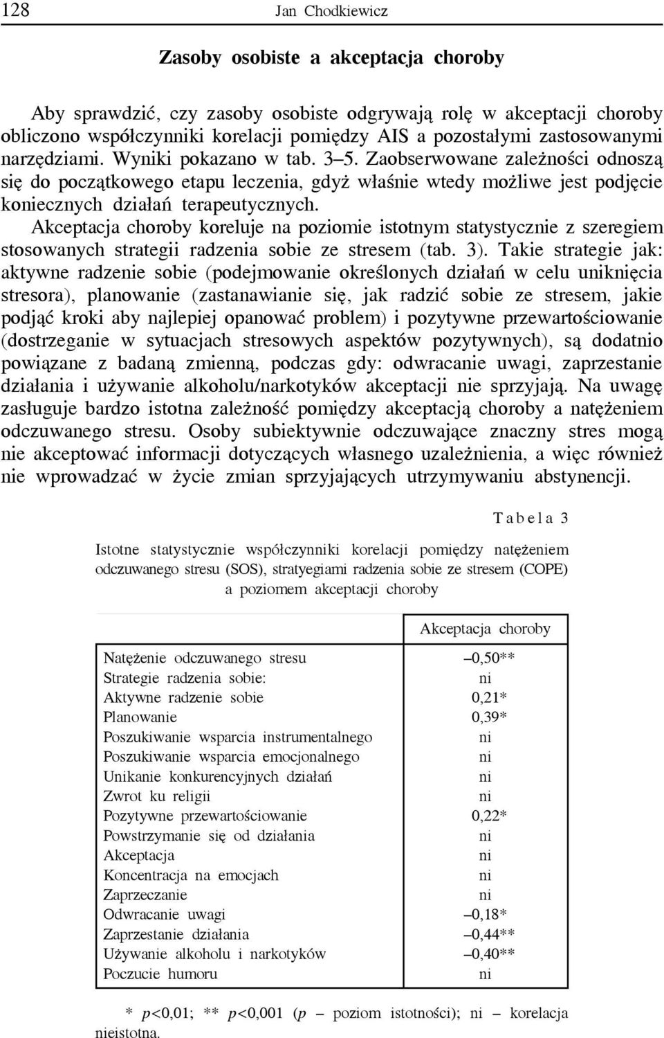 Akceptacja choroby koreluje na poziomie istotnym statystycze z szeregiem stosowanych strategii radzea sobie ze stresem (tab. 3).