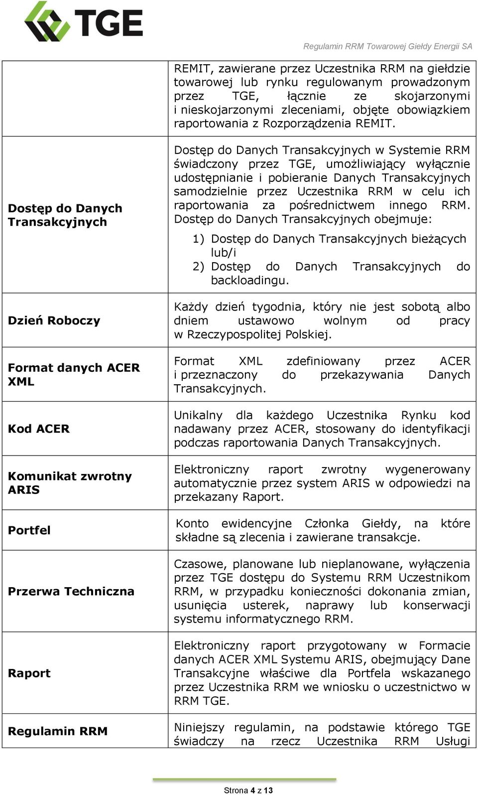 Dostęp do Danych Transakcyjnych Dzień Roboczy Format danych ACER XML Kod ACER Komunikat zwrotny ARIS Portfel Przerwa Techniczna Raport Regulamin RRM Dostęp do Danych Transakcyjnych w Systemie RRM