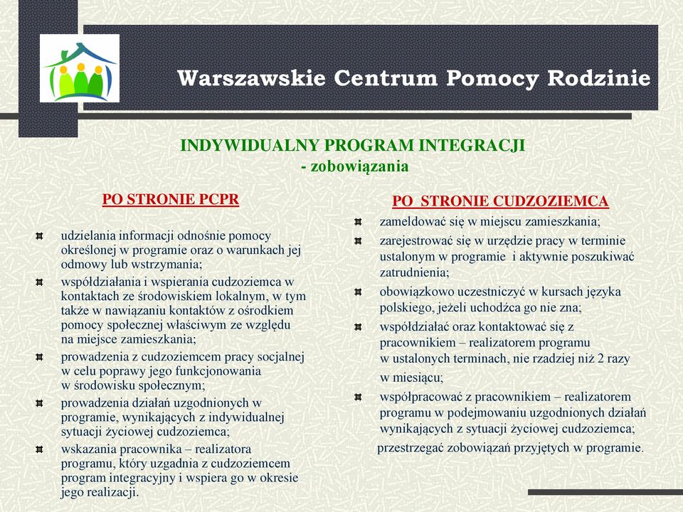 socjalnej w celu poprawy jego funkcjonowania w środowisku społecznym; prowadzenia działań uzgodnionych w programie, wynikających z indywidualnej sytuacji życiowej cudzoziemca; wskazania pracownika