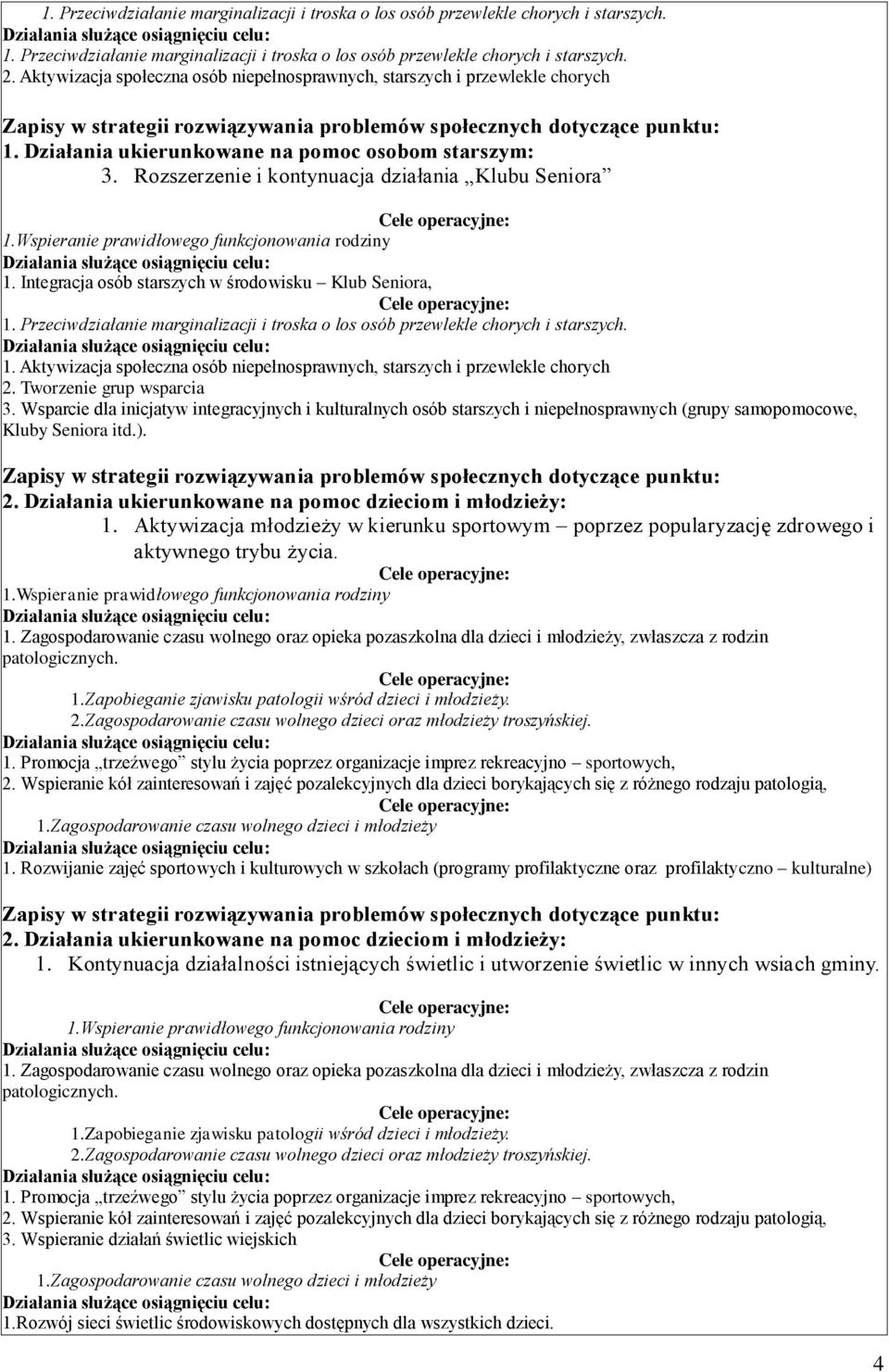 Integracja osób starszych w środowisku Klub Seniora, 1. Przeciwdziałanie marginalizacji i troska o los osób przewlekle chorych i starszych. 1. Aktywizacja społeczna osób niepełnosprawnych, starszych i przewlekle chorych 2.