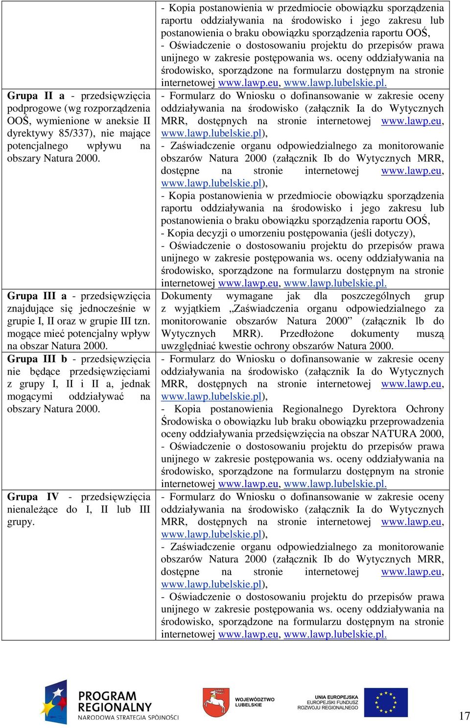 Grupa III b - przedsięwzięcia nie będące przedsięwzięciami z grupy I, II i II a, jednak mogącymi oddziaływać na obszary Natura 2000. Grupa IV - przedsięwzięcia nienaleŝące do I, II lub III grupy.