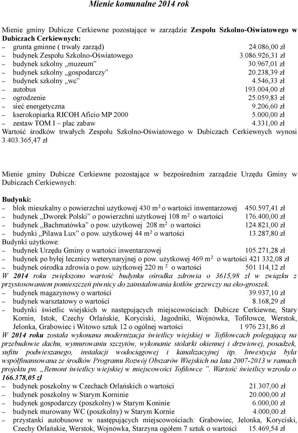 004,00 zł ogrodzenie 25.059,83 zł sieć energetyczna 9.206,60 zł kserokopiarka RICOH Aficio MP 2000 5.000,00 zł zestaw TOM I plac zabaw 4.