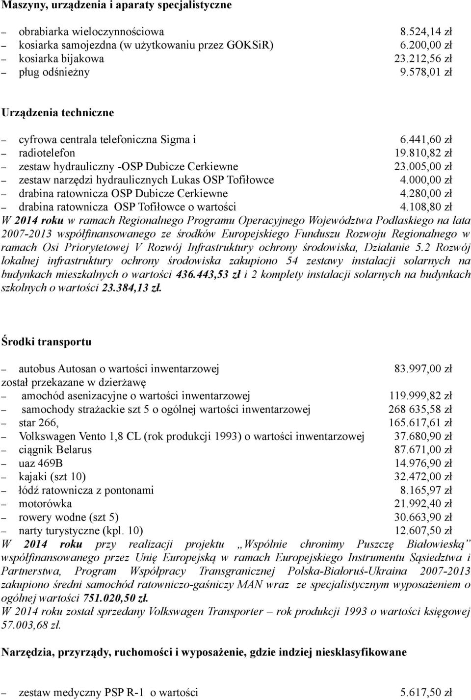 005,00 zł zestaw narzędzi hydraulicznych Lukas OSP Tofiłowce 4.000,00 zł drabina ratownicza OSP Dubicze Cerkiewne 4.280,00 zł drabina ratownicza OSP Tofiłowce o wartości 4.