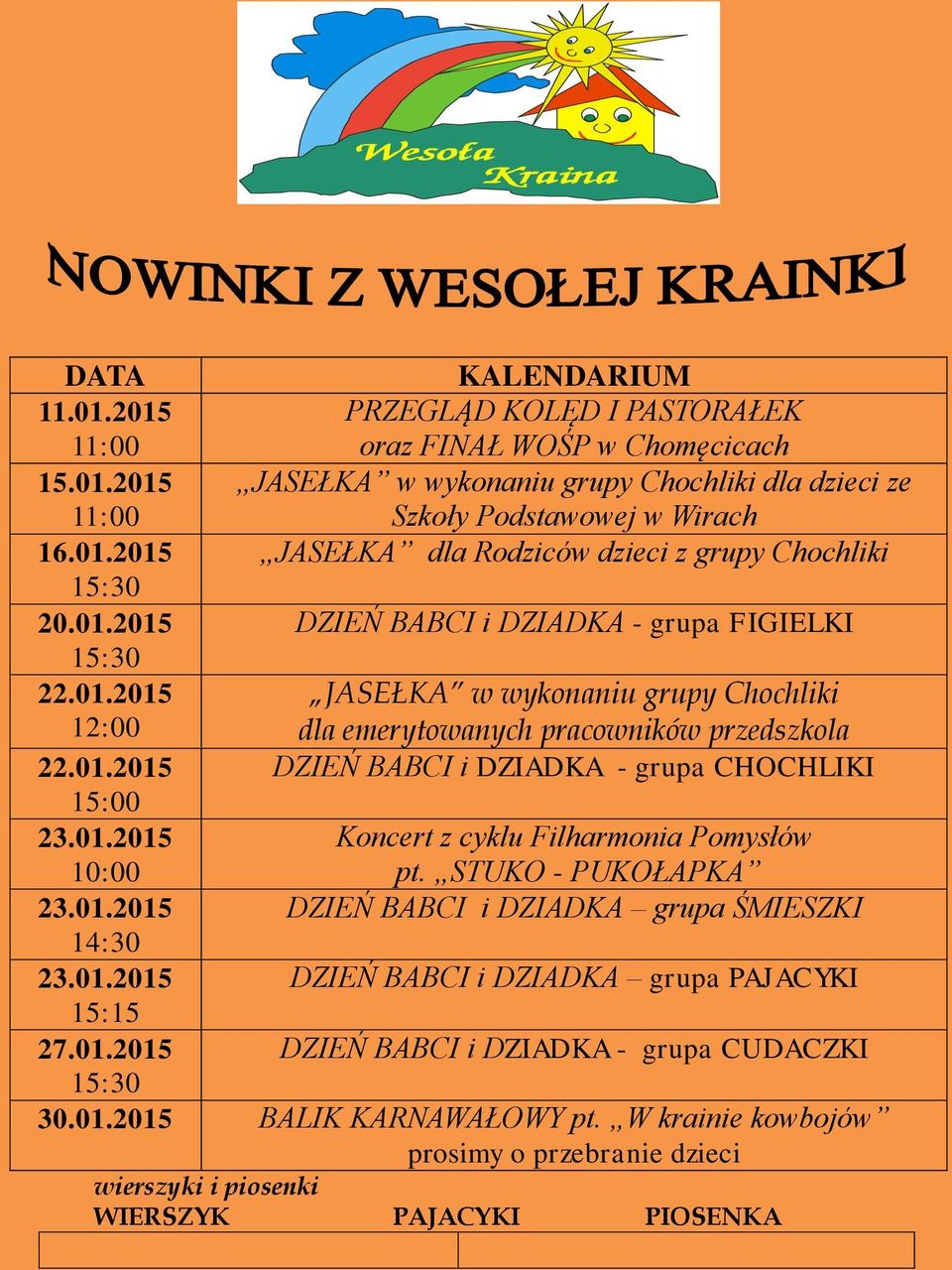 01.2015 10:00 Koncert z cyklu Filharmonia Pomysłów pt. STUKO - PUKOŁAPKA 23.01.2015 DZIEŃ BABCI i DZIADKA grupa ŚMIESZKI 14:30 23.01.2015 DZIEŃ BABCI i DZIADKA grupa PAJACYKI 15:15 27.01.2015 DZIEŃ BABCI i DZIADKA - grupa CUDACZKI 15:30 30.