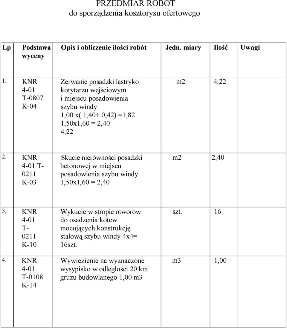KNR 4-01 T- 0211 K-03 Skucie nierówności posadzki betonowej w miejscu posadowienia szybu windy 1,50x1,60 = 2,40 m2 2,40 3. KNR 4-01 T- 0211 K-10 4.