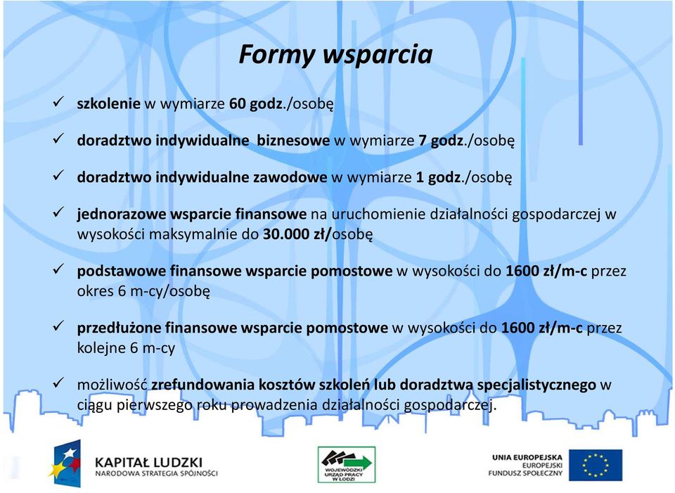 /osobę jednorazowe wsparcie finansowe na uruchomienie działalności gospodarczej w wysokości maksymalnie do 30.