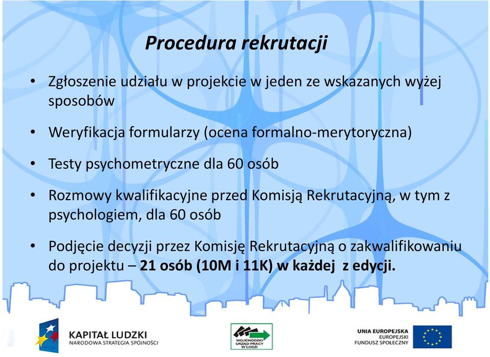 Rozmowy kwalifikacyjne przed Komisją Rekrutacyjną, w tym z psychologiem, dla 60 osób Podjęcie