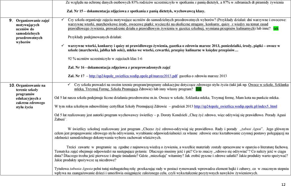 Organizowanie zajęć motywujących uczniów do samodzielnych prozdrowotnych wyborów Czy szkoła organizuje zajęcia motywujące uczniów do samodzielnych prozdrowotnych wyborów?