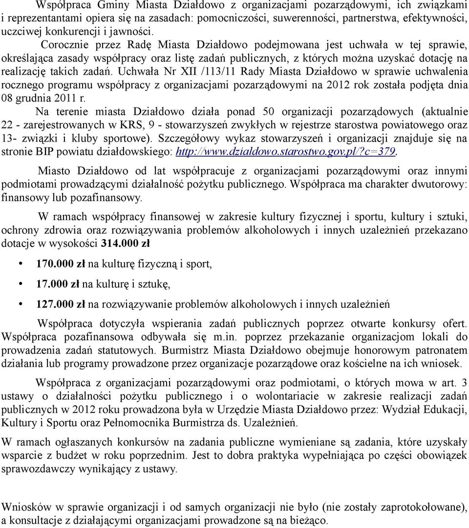 Corocznie przez Radę Miasta Działdowo podejmowana jest uchwała w tej sprawie, określająca zasady współpracy oraz listę zadań publicznych, z których można uzyskać dotację na realizację takich zadań.