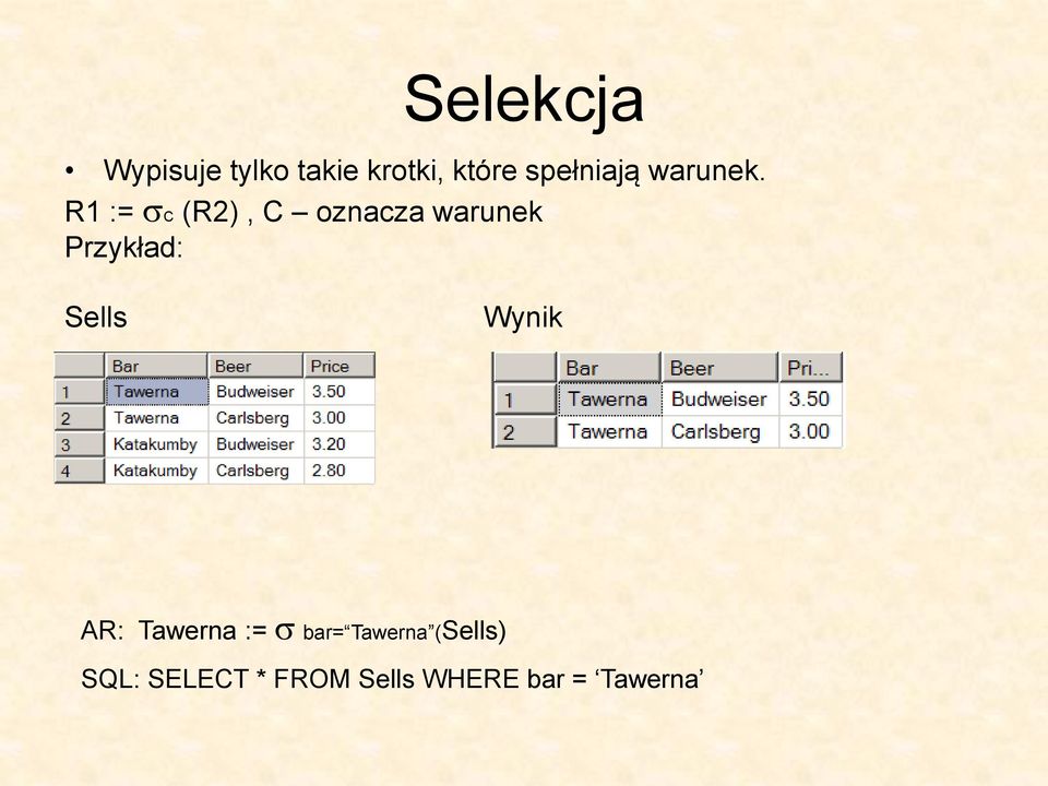 R1 := C (R2), C oznacza warunek Przykład: Sells