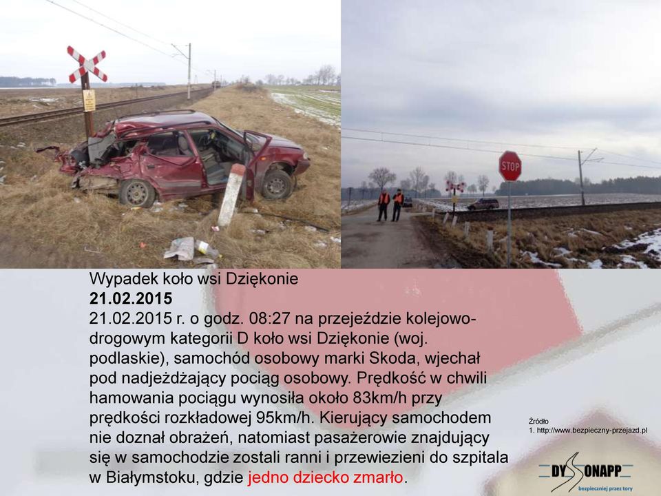 podlaskie), samochód osobowy marki Skoda, wjechał pod nadjeżdżający pociąg osobowy.