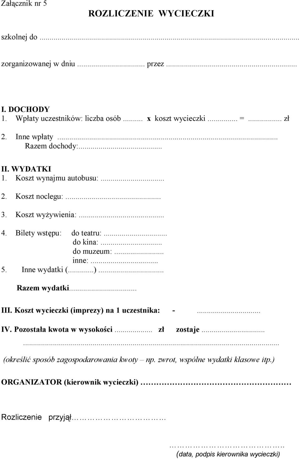 .. do muzeum:... inne:... 5. Inne wydatki (...)... Razem wydatki... III. Koszt wycieczki (imprezy) na 1 uczestnika: -... IV. Pozostała kwota w wysokości... zł zostaje.